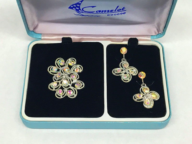 Vintage Camelot Silver Tone Swirl AB Rhinestone Brooch And Earring Set - Hers and His Treasures