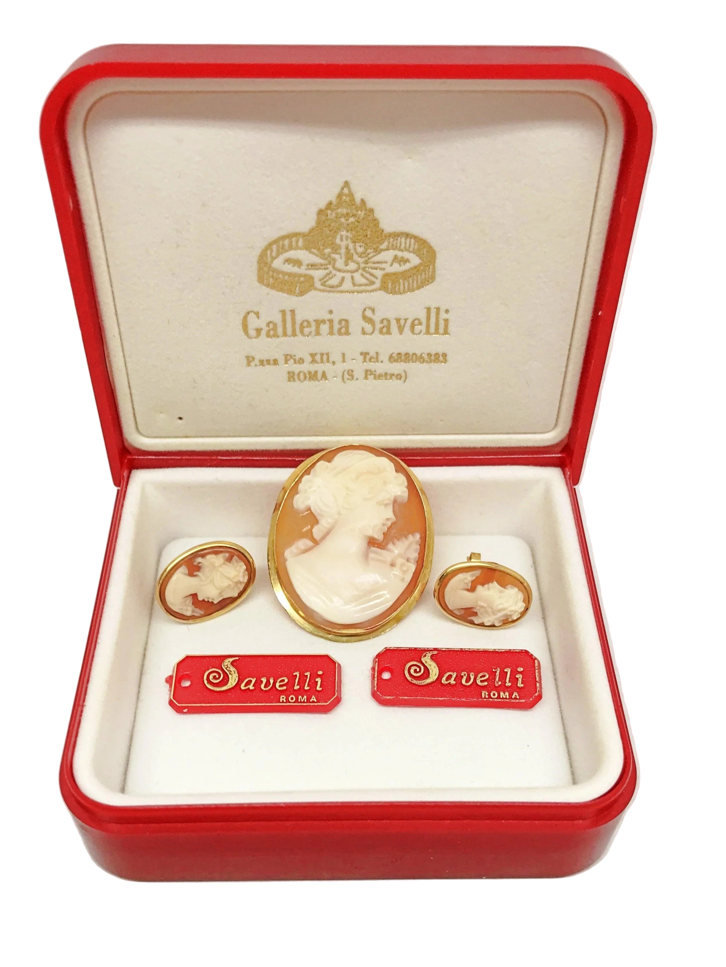 Vintage 18K Carved Shell Cameo Pendant Or Brooch Pin and Earrings