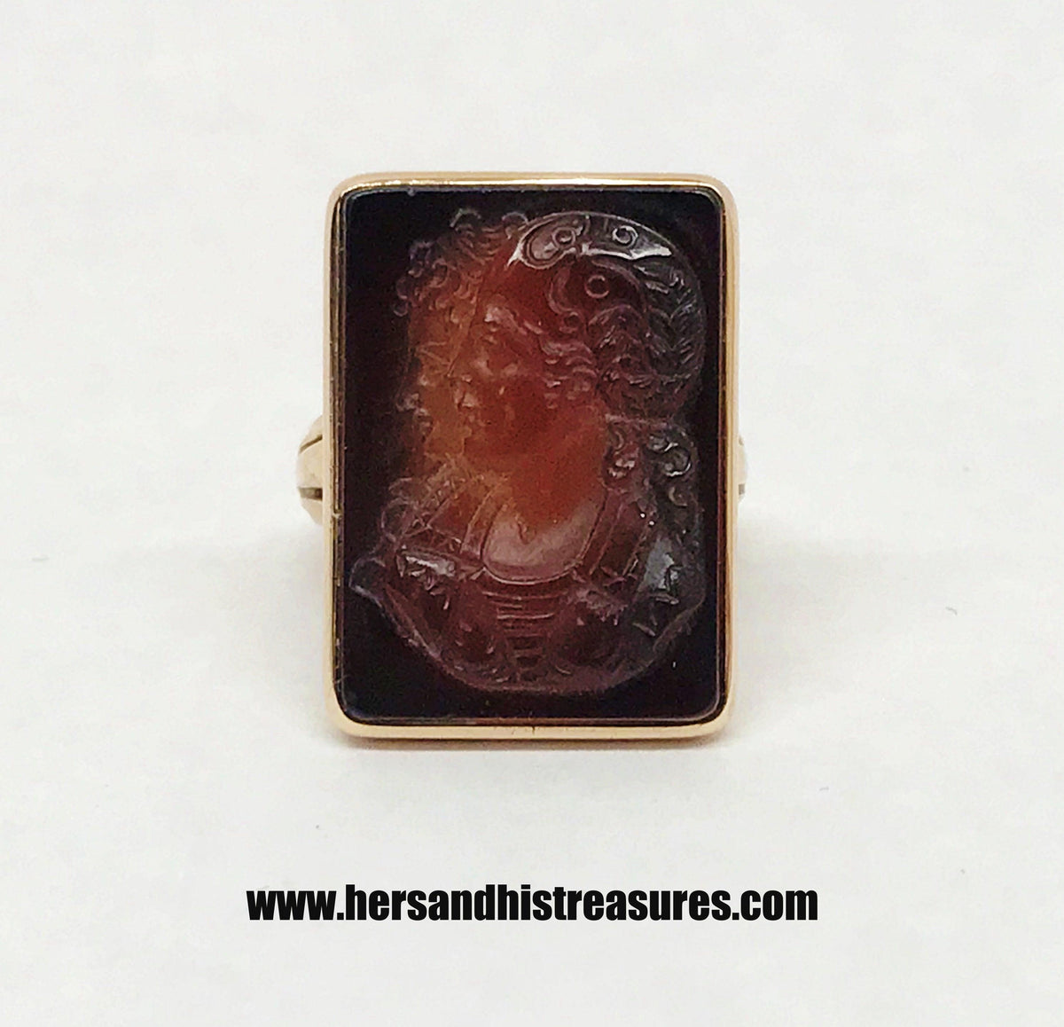 Rare 1878 Victorian 10K Double Carved Man and Woman Carnelian Cameo and Intaglio Ring - Hers and His Treasures