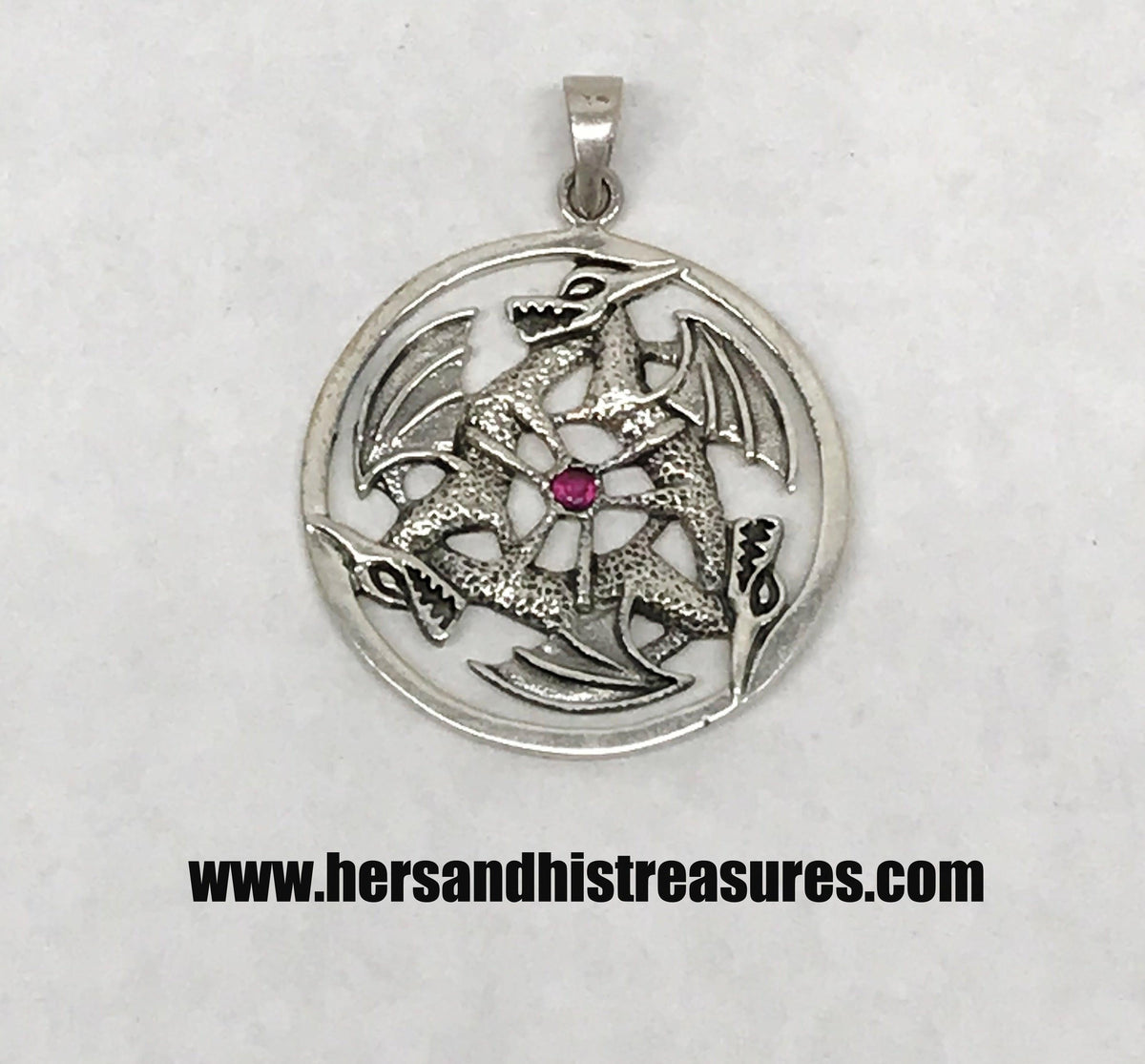 Sterling Silver Triple Dragon Circle Pendant With Ruby - Hers and His Treasures