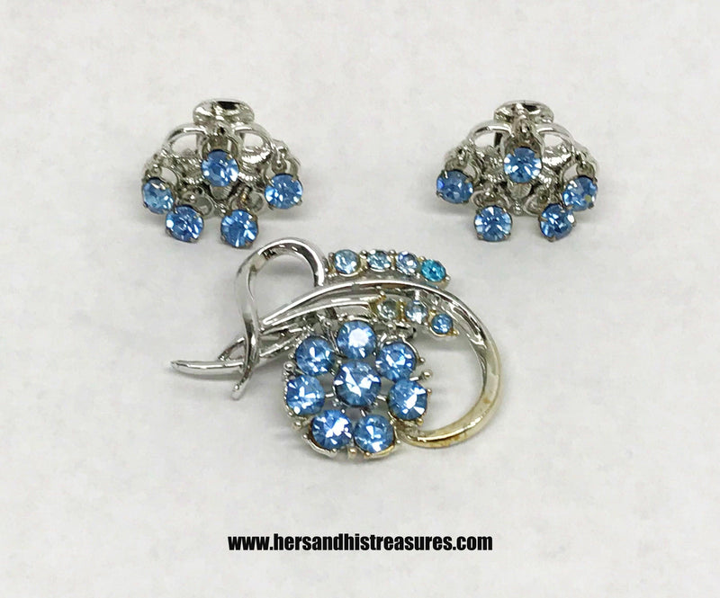 Vintage Silver Tone With Blue Rhinestones Brooch & Clip On Earring Set - Hers and His Treasures