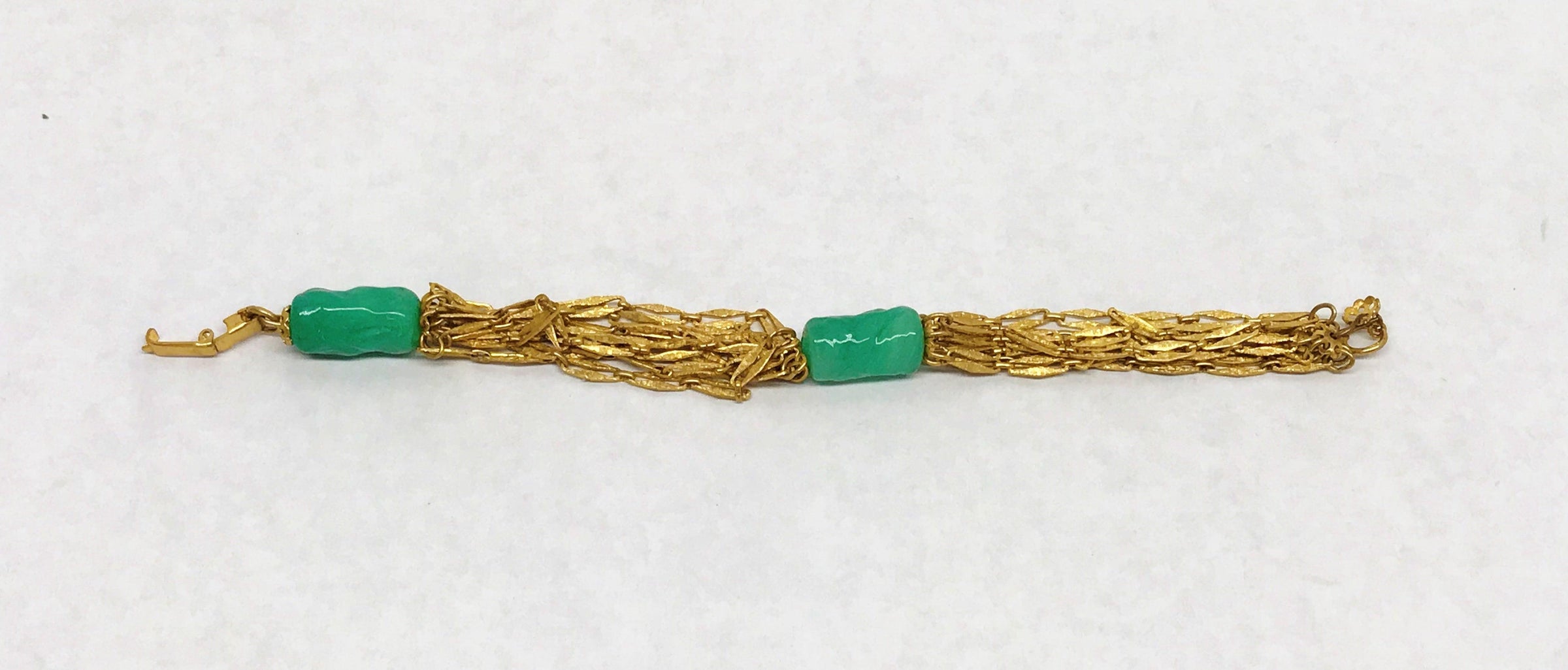 Vintage 8 Strand Gold Tone Bracelet With 2 Green Glass Beads - Hers and His Treasures