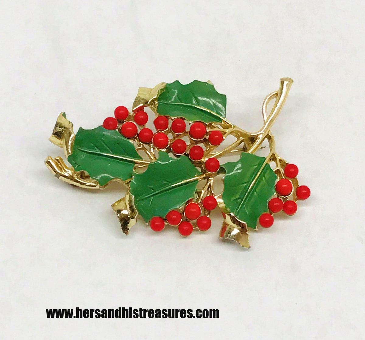 Vintage Gold Tone Christmas Mistletoe Brooch Pin With Berries - Hers and His Treasures
