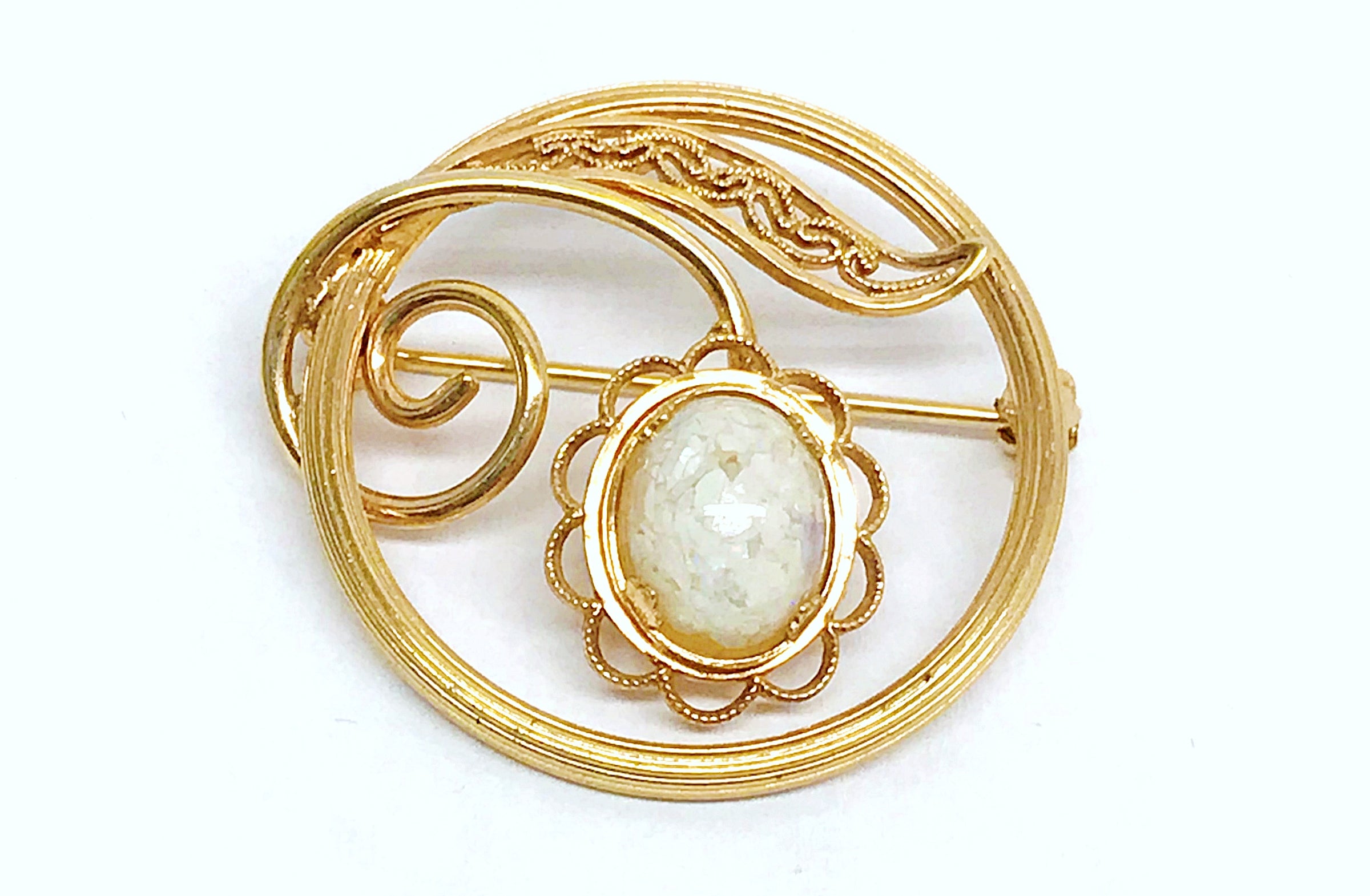 1919-1970's AMCO 14K Gold Filled Opal Chip In Resin Flower Brooch Pin - Hers and His Treasures