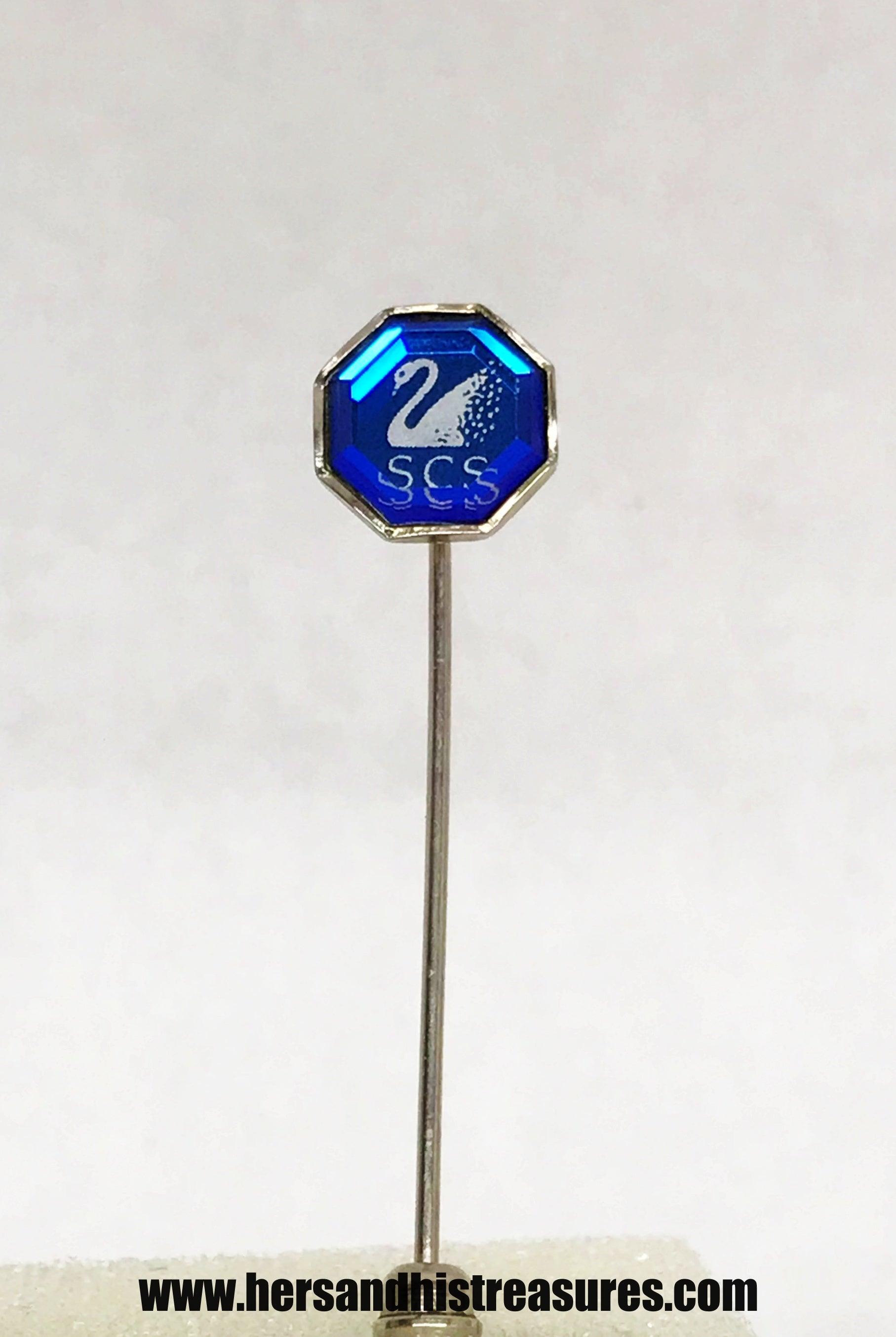 Vintage SCS Swarovski Crystal Society Blue Stone With Swan Logo Stick Pin - Hers and His Treasures