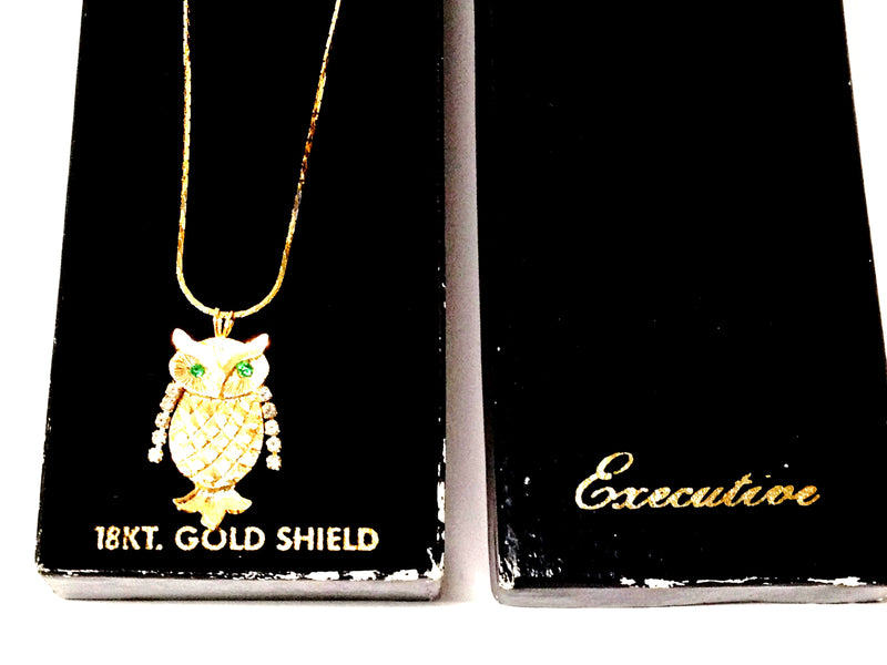 18KT Gold Shield Owl Necklace W/Rhinestones - Hers and His Treasures 