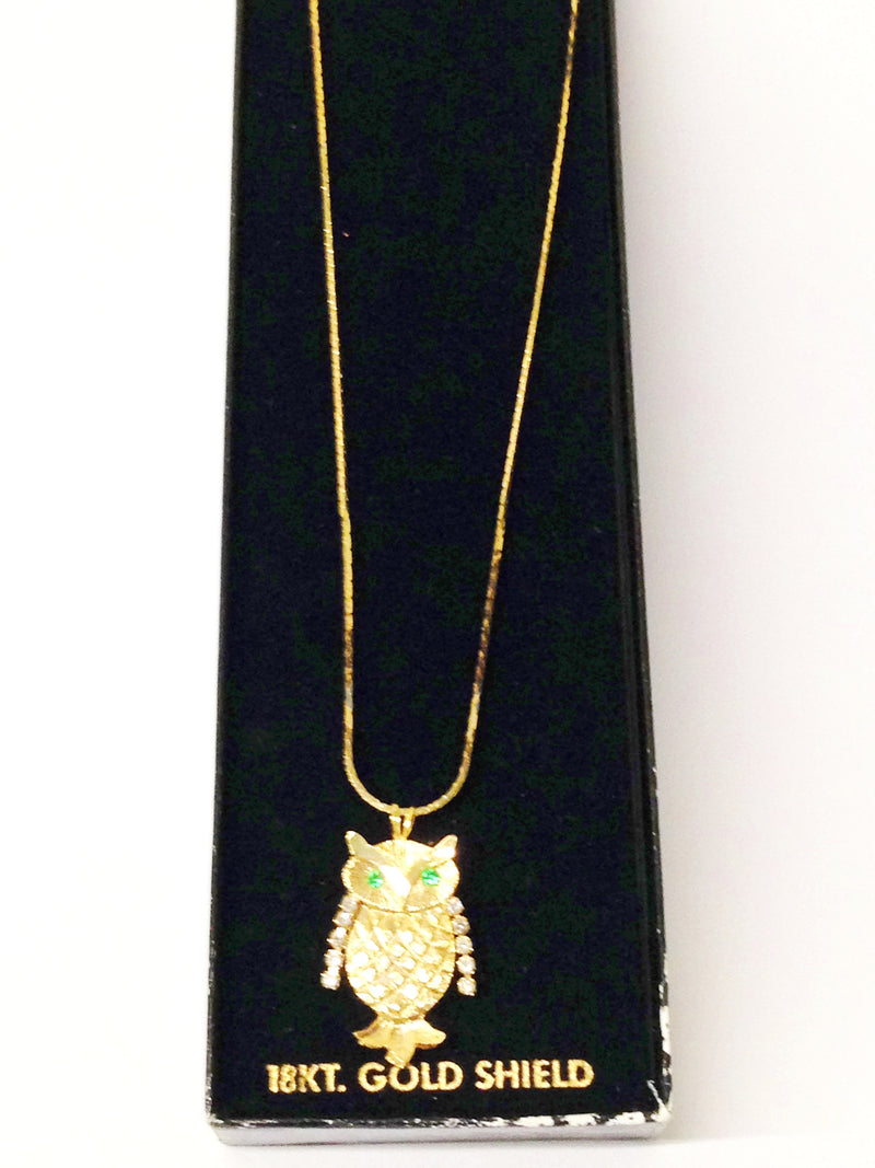 18KT Gold Shield Owl Necklace W/Rhinestones - Hers and His Treasures