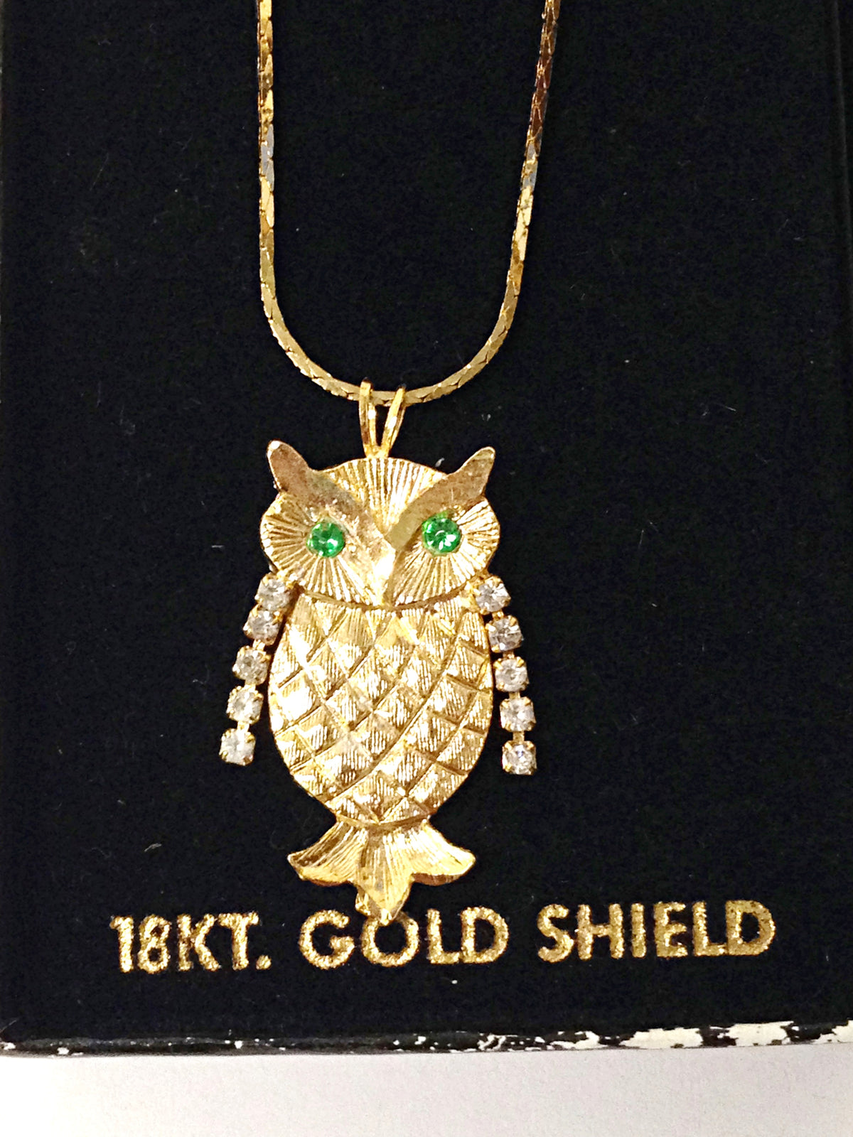 18KT Gold Shield Owl Necklace W/Rhinestones - Hers and His Treasures