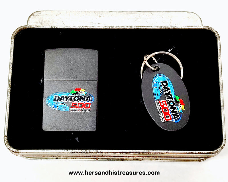 1996 XII 39th Daytona 500 Black Matte Zippo Lighter and Keychain Set | USA - Hers and His Treasures