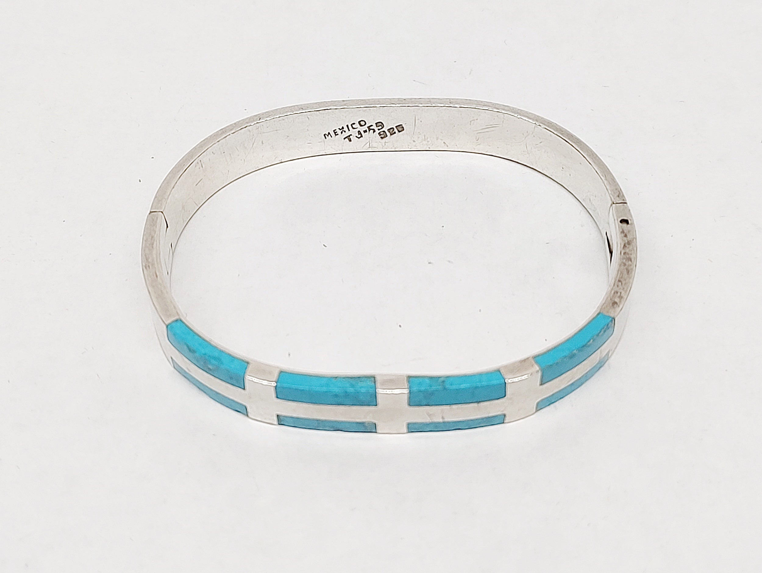 Turquoise .925 Sterling Silver Hinged Bangle Bracelet Mexico TJ-59 Turquoise .925 Sterling Silver Hinged Bangle Bracelet Mexico TJ-59
