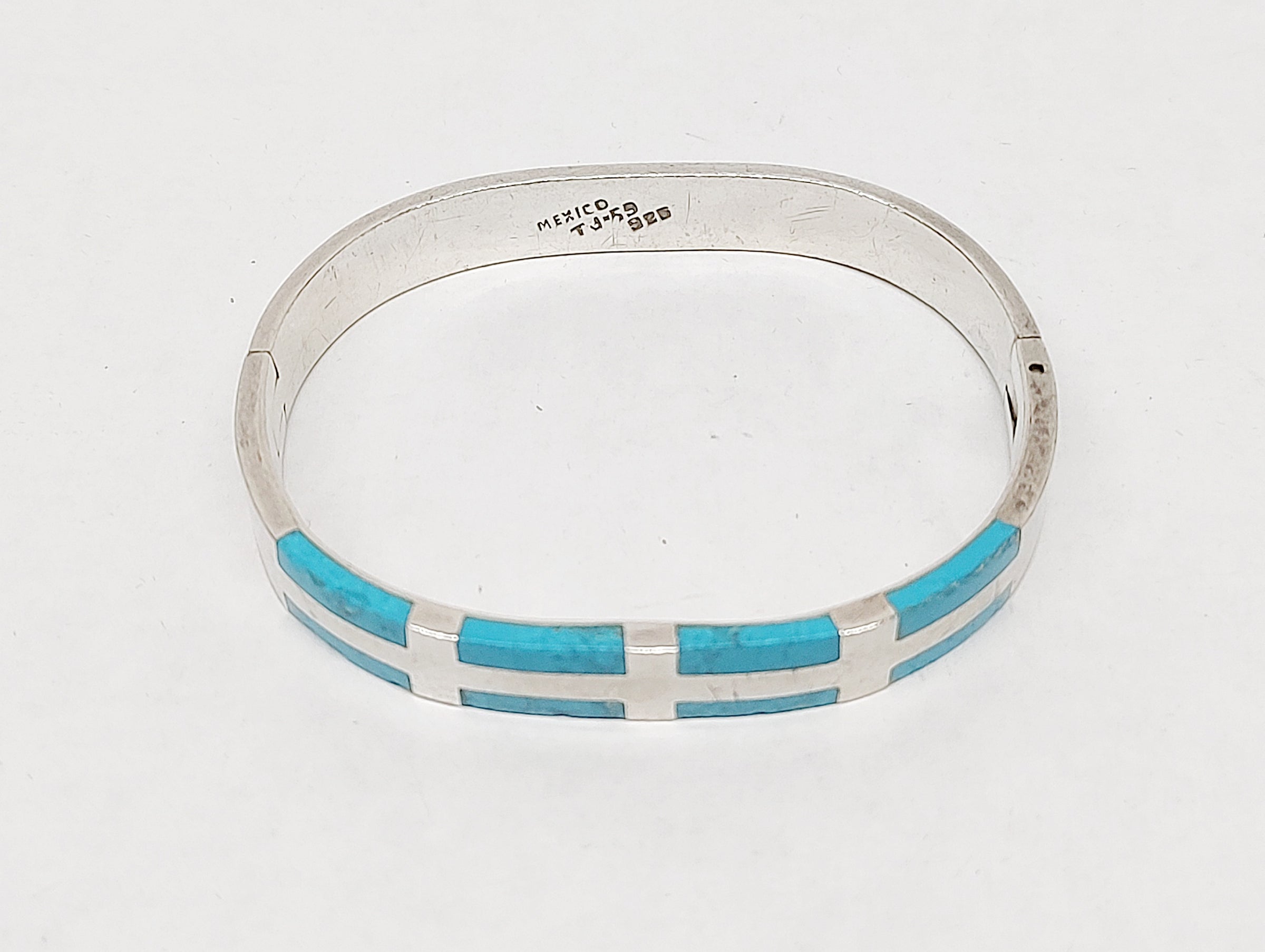Turquoise .925 Sterling Silver Hinged Bangle Bracelet Mexico TJ-59