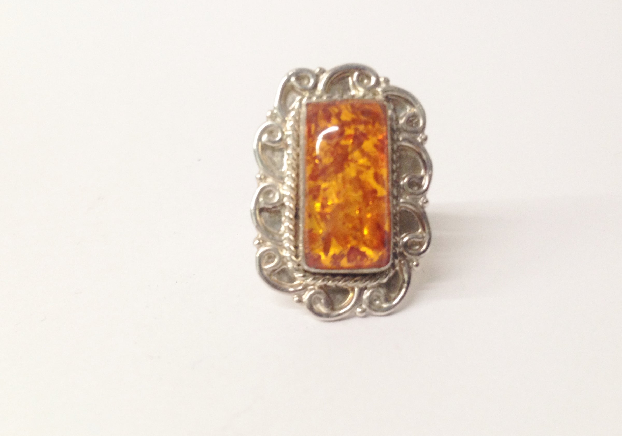 Amber Rectangular .925 Sterling Silver Ring
