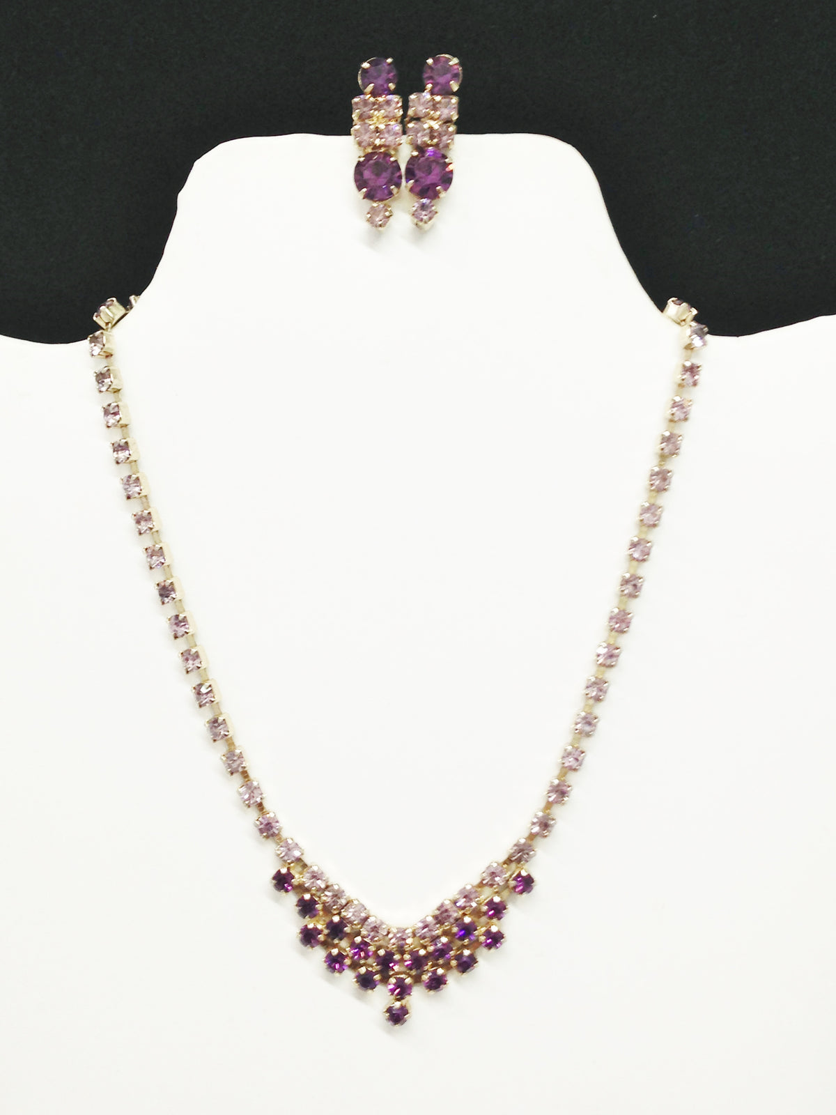 1950's Purple Rhinestone Necklace & Clip-On Earring Set