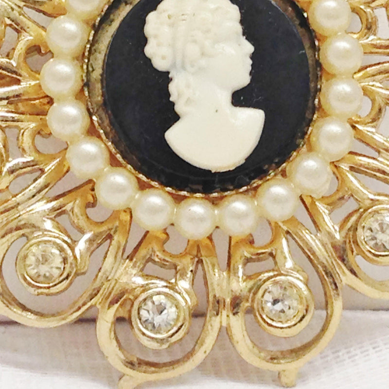 Vintage Coro Cameo Faux Pearl and Rhinestone Brooch - Hers and His Treasures