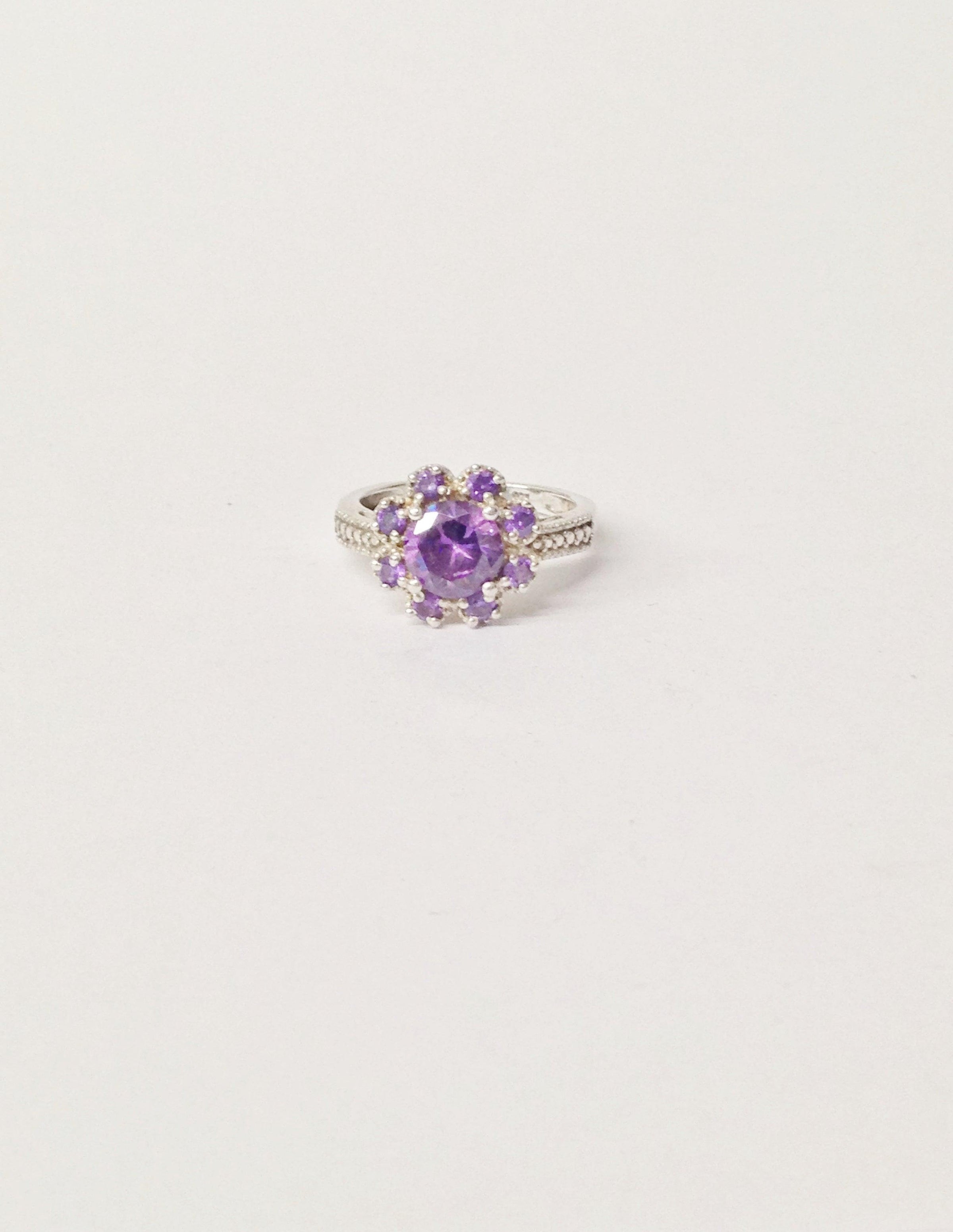 Sterling Silver Purple CZ Cubic Zirconia Flower Ring - Hers and His Treasures