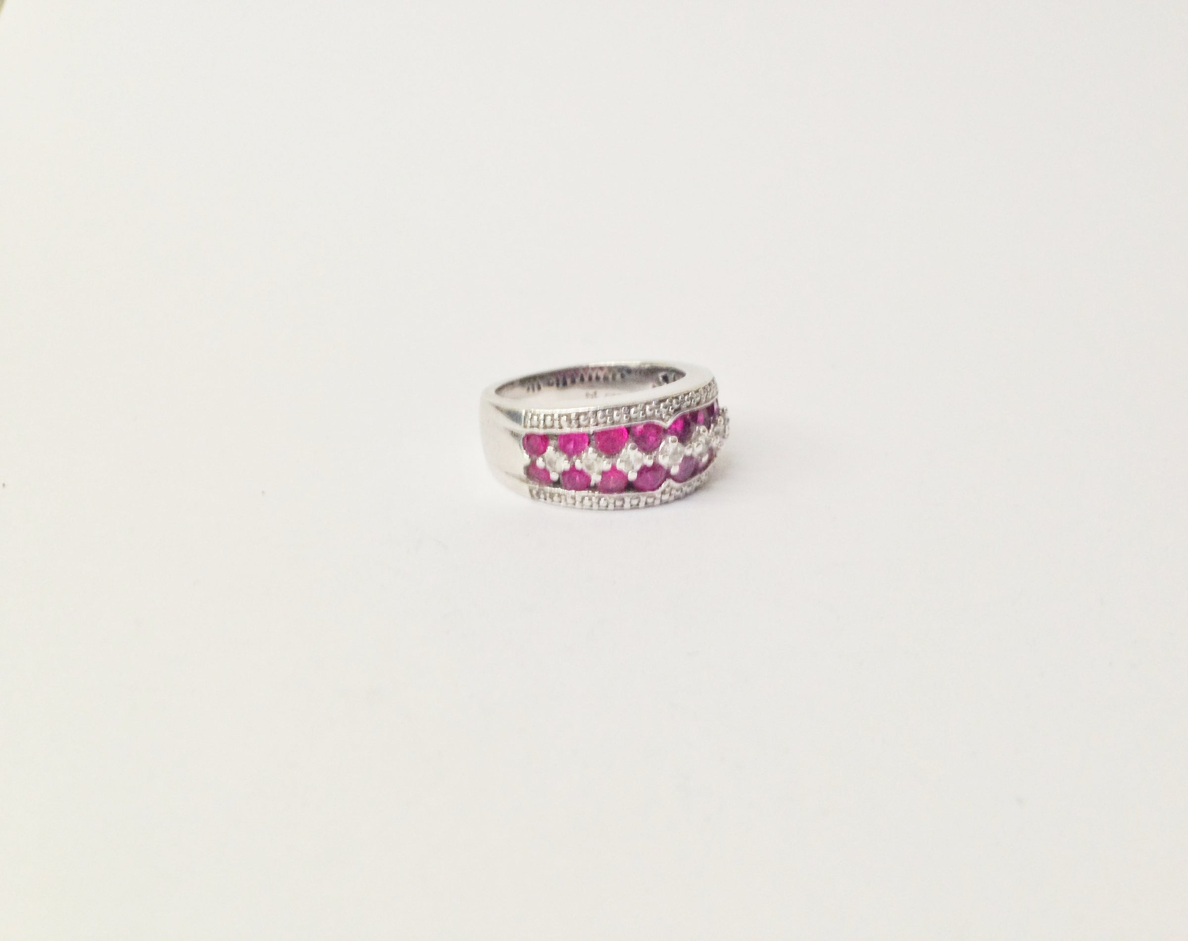 Genuine Ruby and Clear Topaz .925 Sterling Silver Wide Band Ring