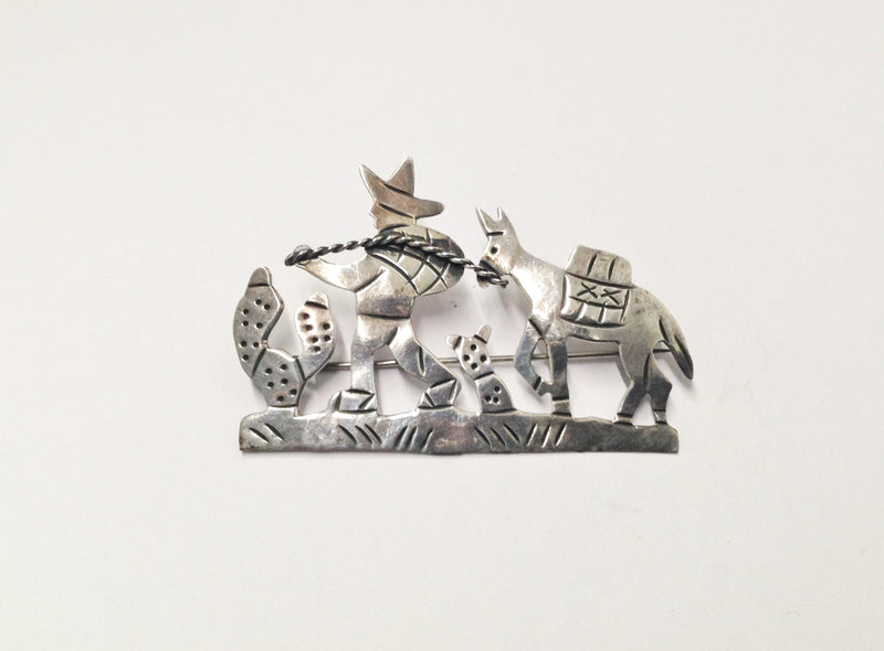 Man With Donkey Burro .925 Sterling Silver Brooch Pin Signed - Hers and His Treasures