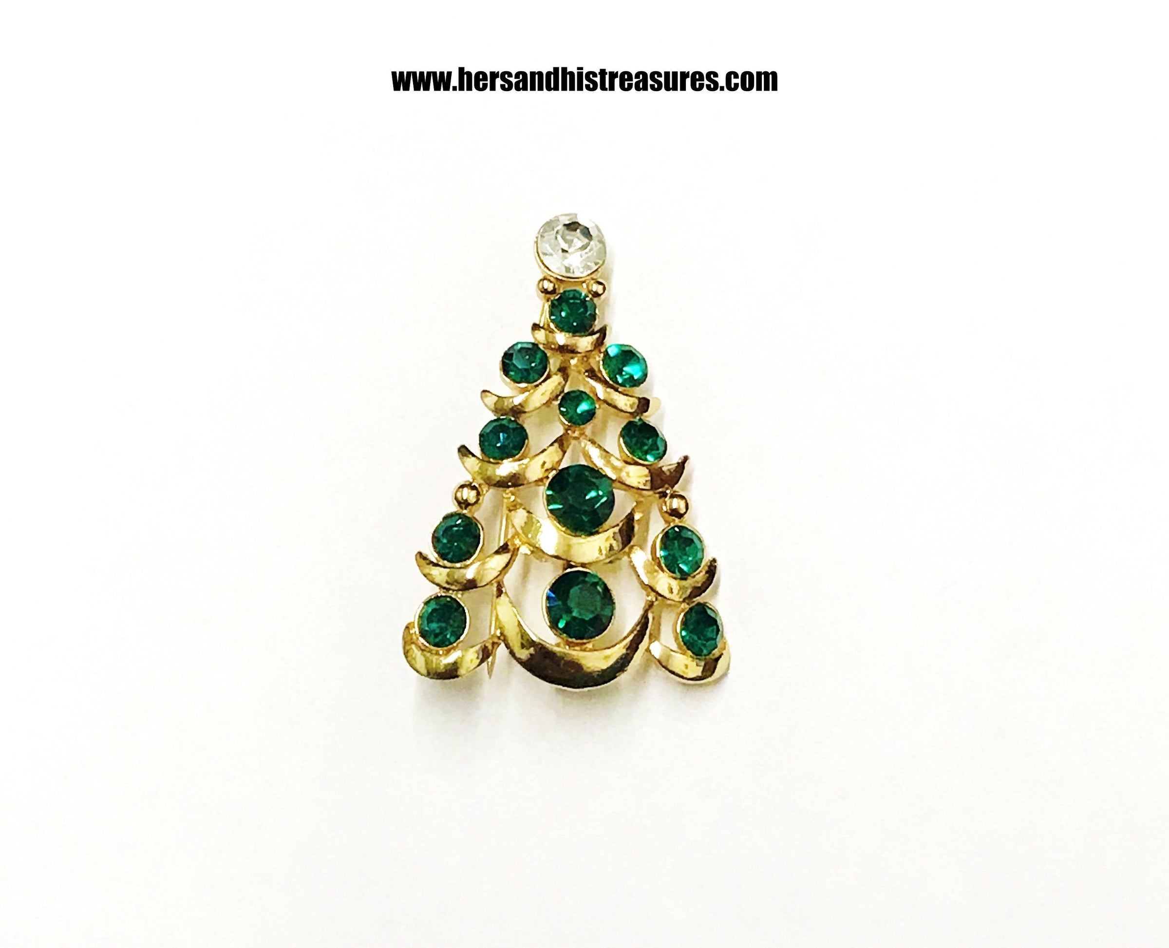 Mid-Century Eisenberg Ice Green Rhinestone Christmas Tree Brooch Pin - Hers and His Treasures