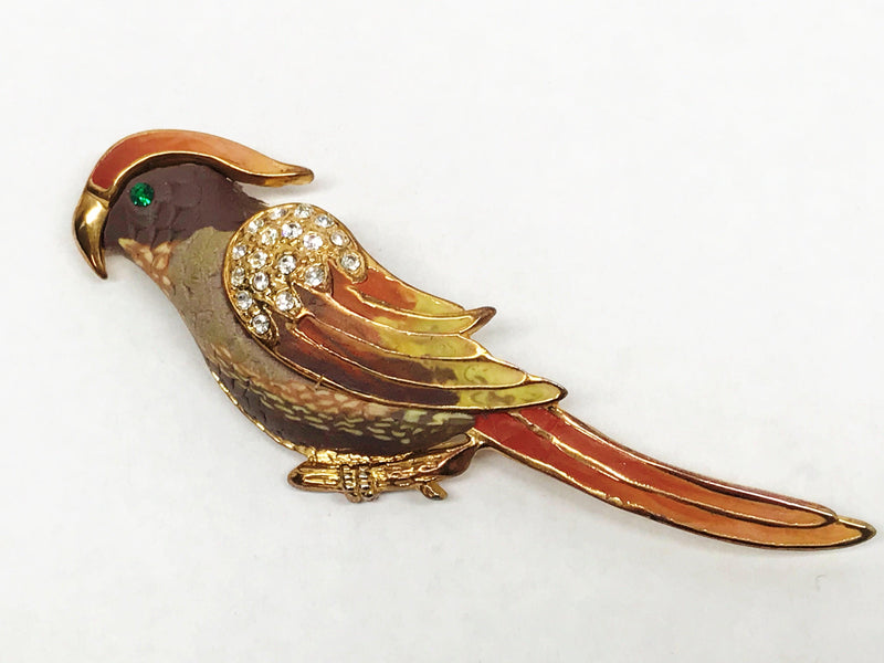 Vintage Gold Tone Clay and Rhinestone Parrot Brooch Pin - Hers and His Treasures