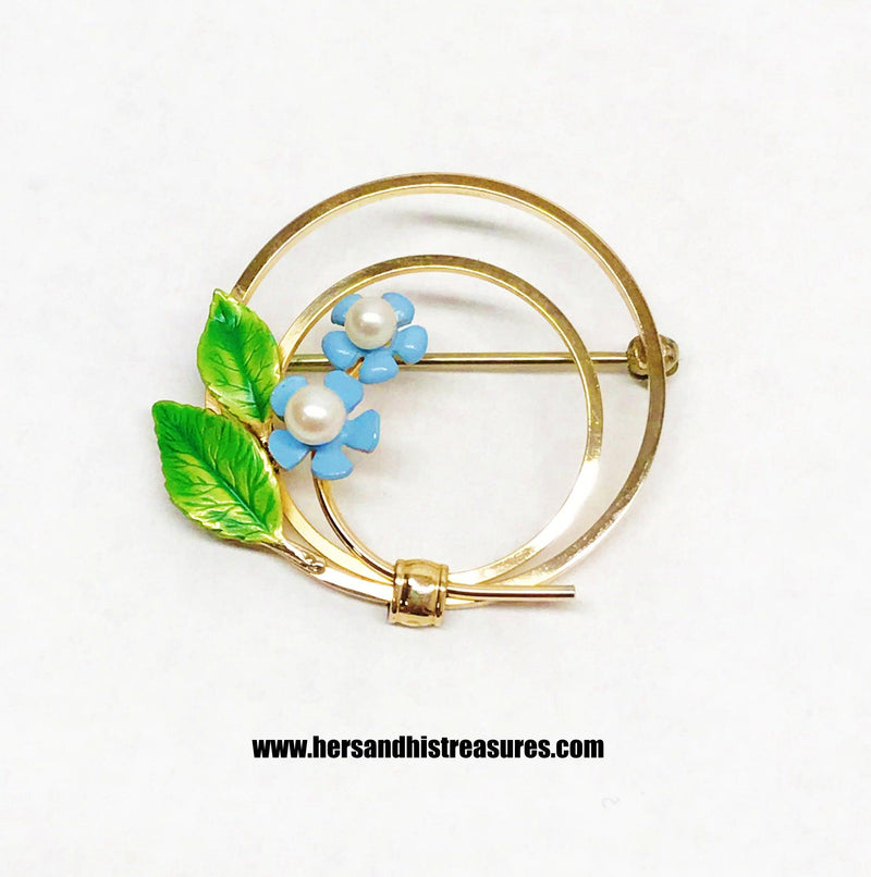 Vintage Krementz Blue Forget-Me-Not Faux Pearl Brooch Pin - Hers and His Treasures