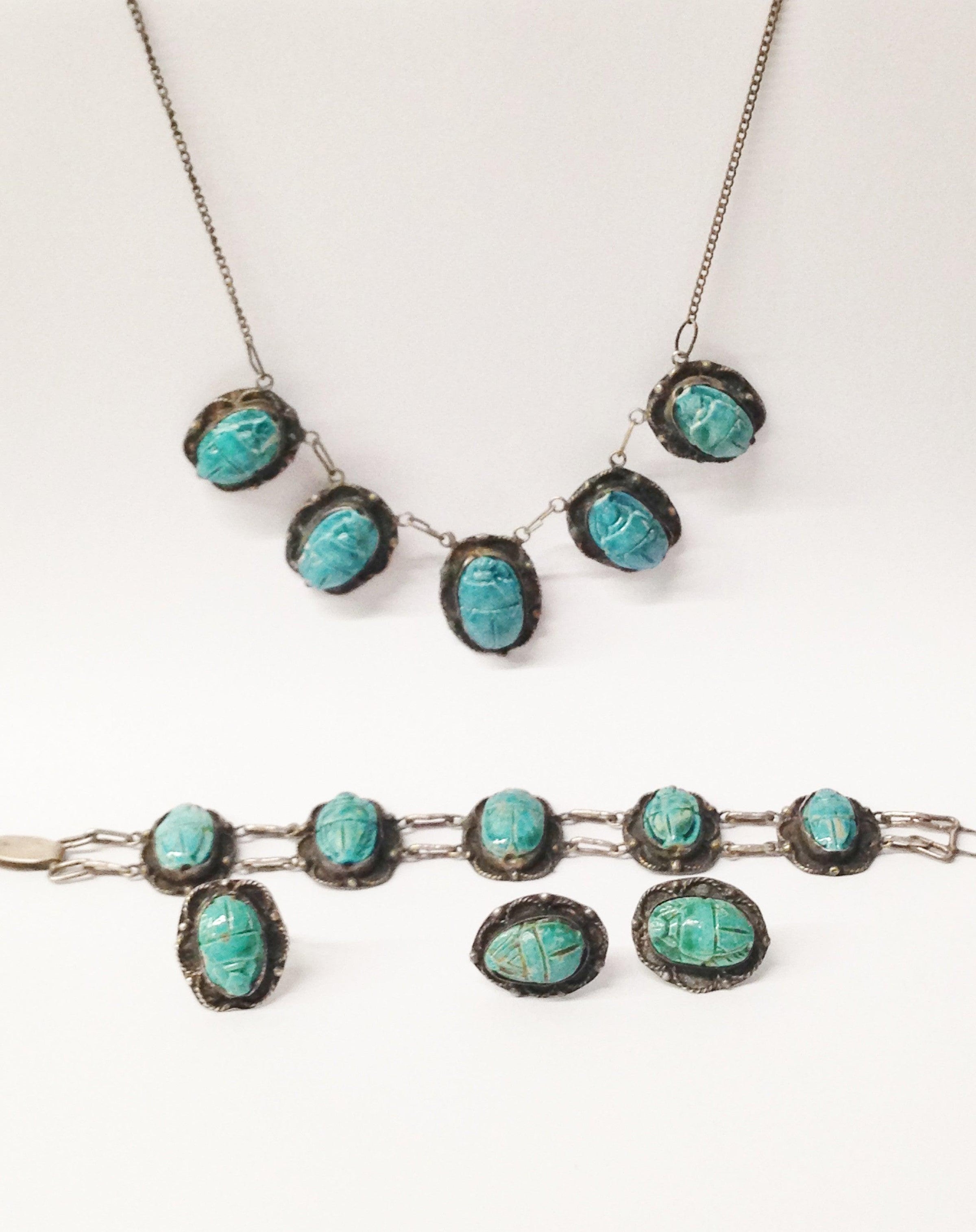 Vintage 1940's Egyptian Faience Blue Scarab 600 Silver Necklace, Bracelet, Earrings and Ring Set - Hers and His Treasures