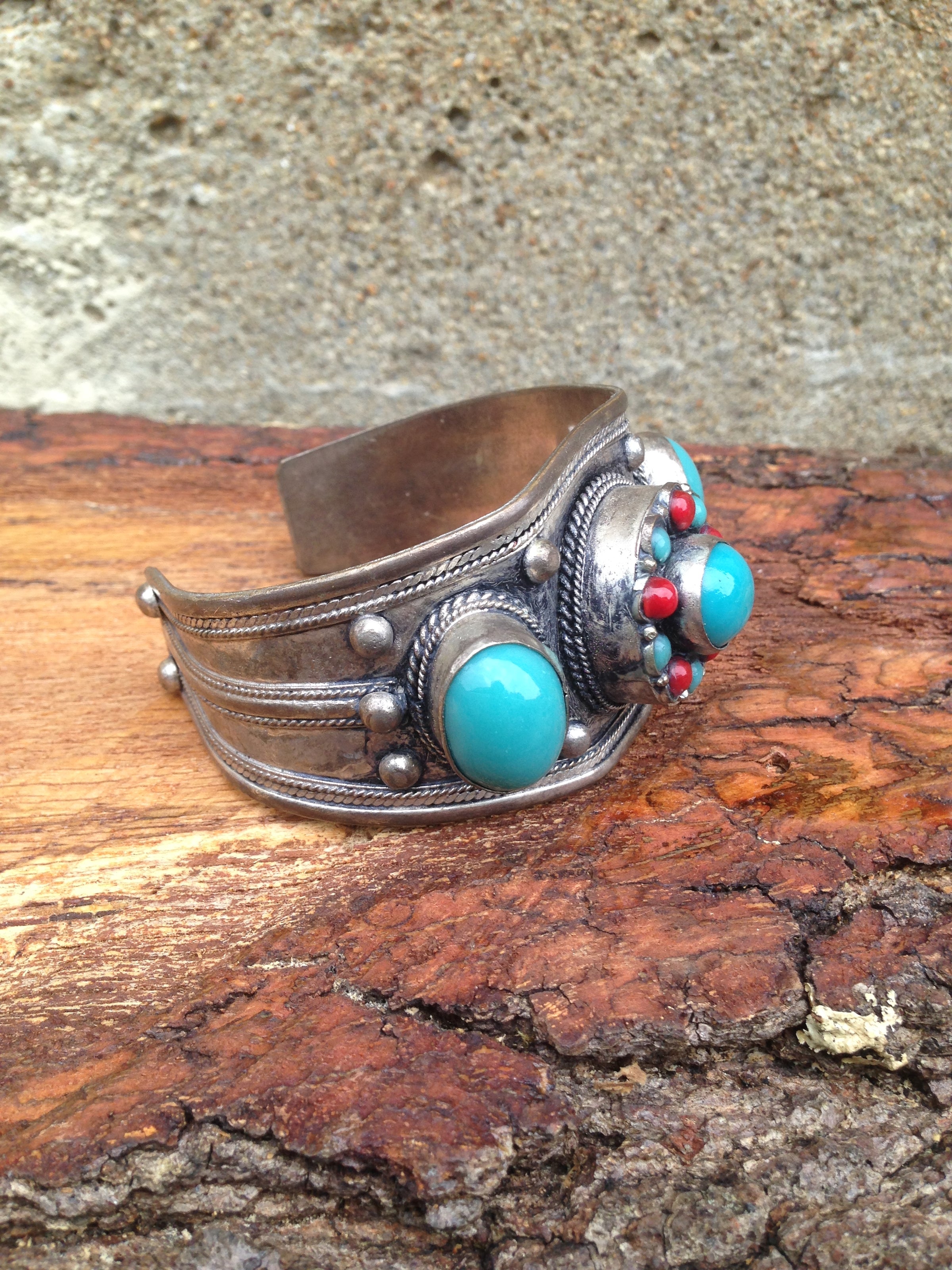 Faux Turquoise And Red Coral Cuff Bracelet