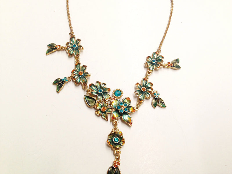 Gold Tone Rhinestone Flower Drop Necklace - Hers and His Treasures