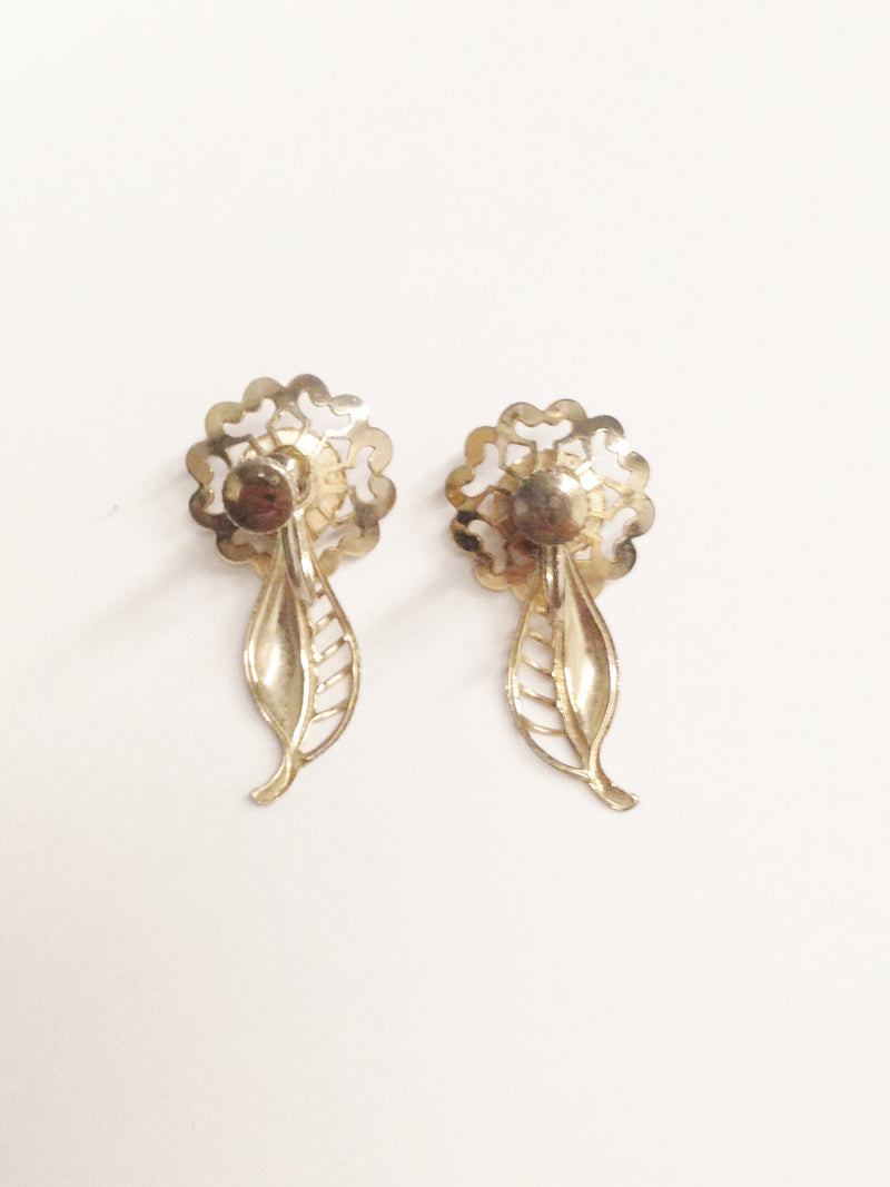 Gold Tone Flower Brooch Pin and Earrings Set