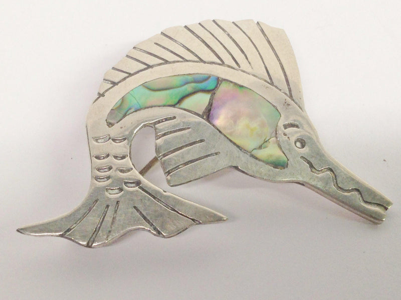 Sailfish Marlin Sterling Silver Abalone Brooch Pin - Hers and His Treasures
