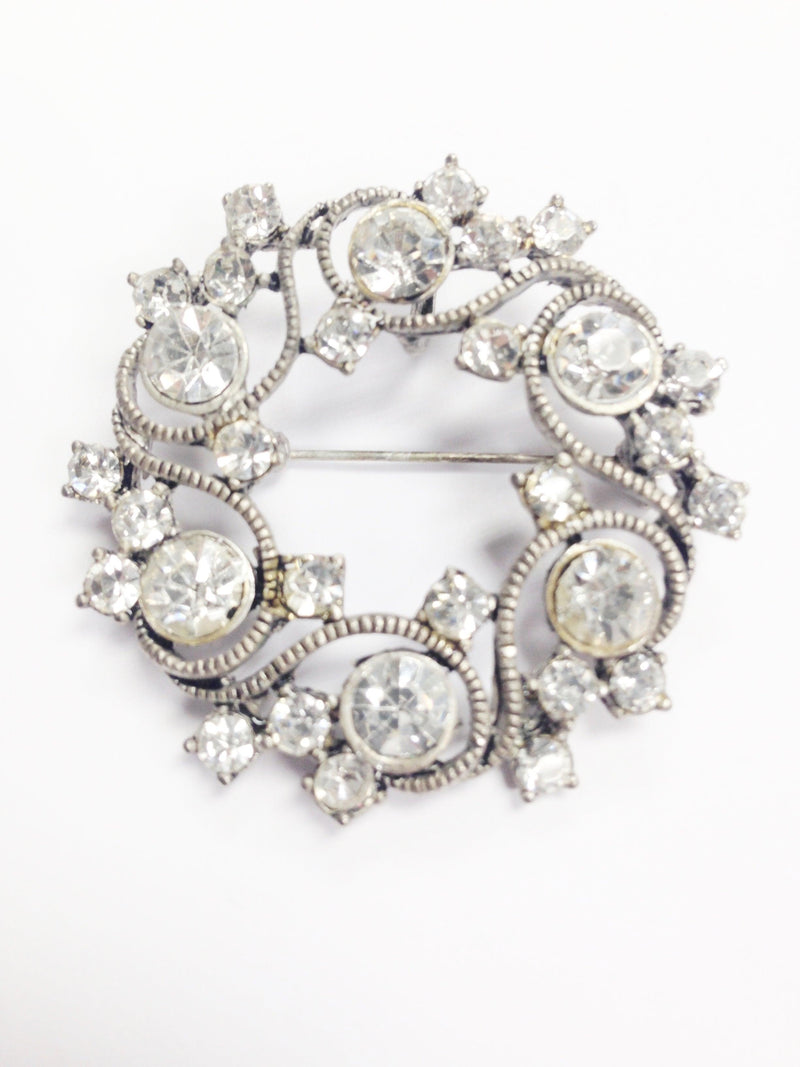 Silver Tone Rhinestone Elegant Swirl Round Brooch Pin - Hers and His Treasures