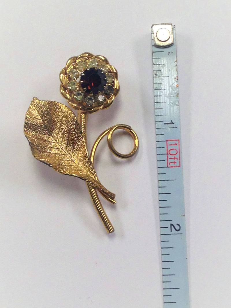Gold Tone and Rhinestone Flower Brooch Pin