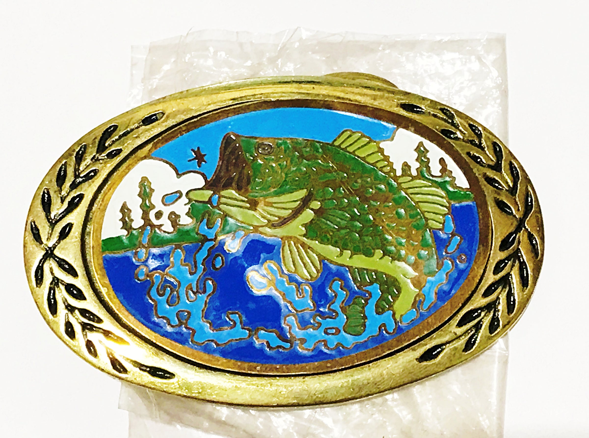 1980's Aminco Bass Fish Brass and Enamel Inlay Belt Buckle | USA
