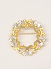 Gold Toned and Clear Rhinestone Round Brooch Pin www.hersandhistreasures.com