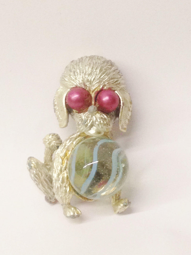 Vintage Silver Tone Poodle Dog Brooch Pin With Marble Body - Hers and His Treasures