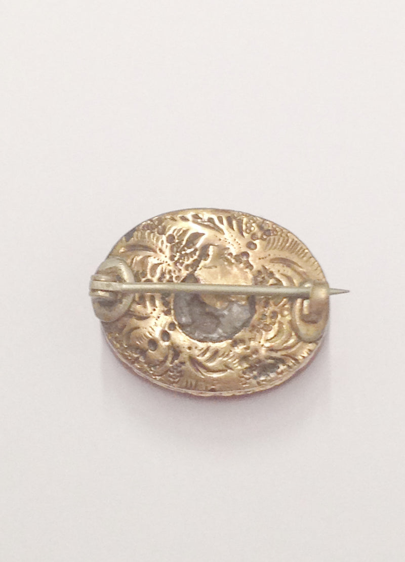 Antique Oval Etched Gold Tone Dark Orange Gemstone Brooch Pin 1850-1910 www.hersandhistreasures.com