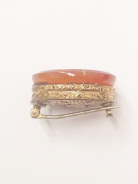 Antique Oval Etched Gold Tone Dark Orange Gemstone Brooch Pin 1850-1910 www.hersandhistreasures.com