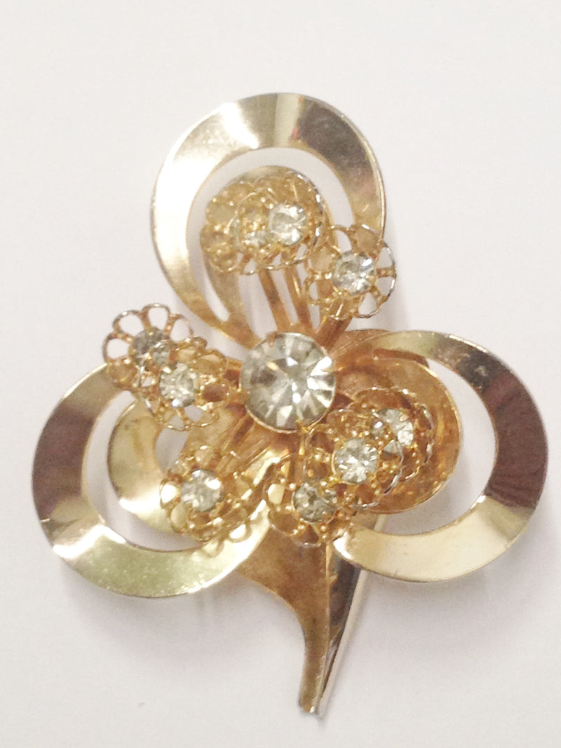 Gold Tone 3 Leaf Clover Clear Rhinestone Brooch Pin