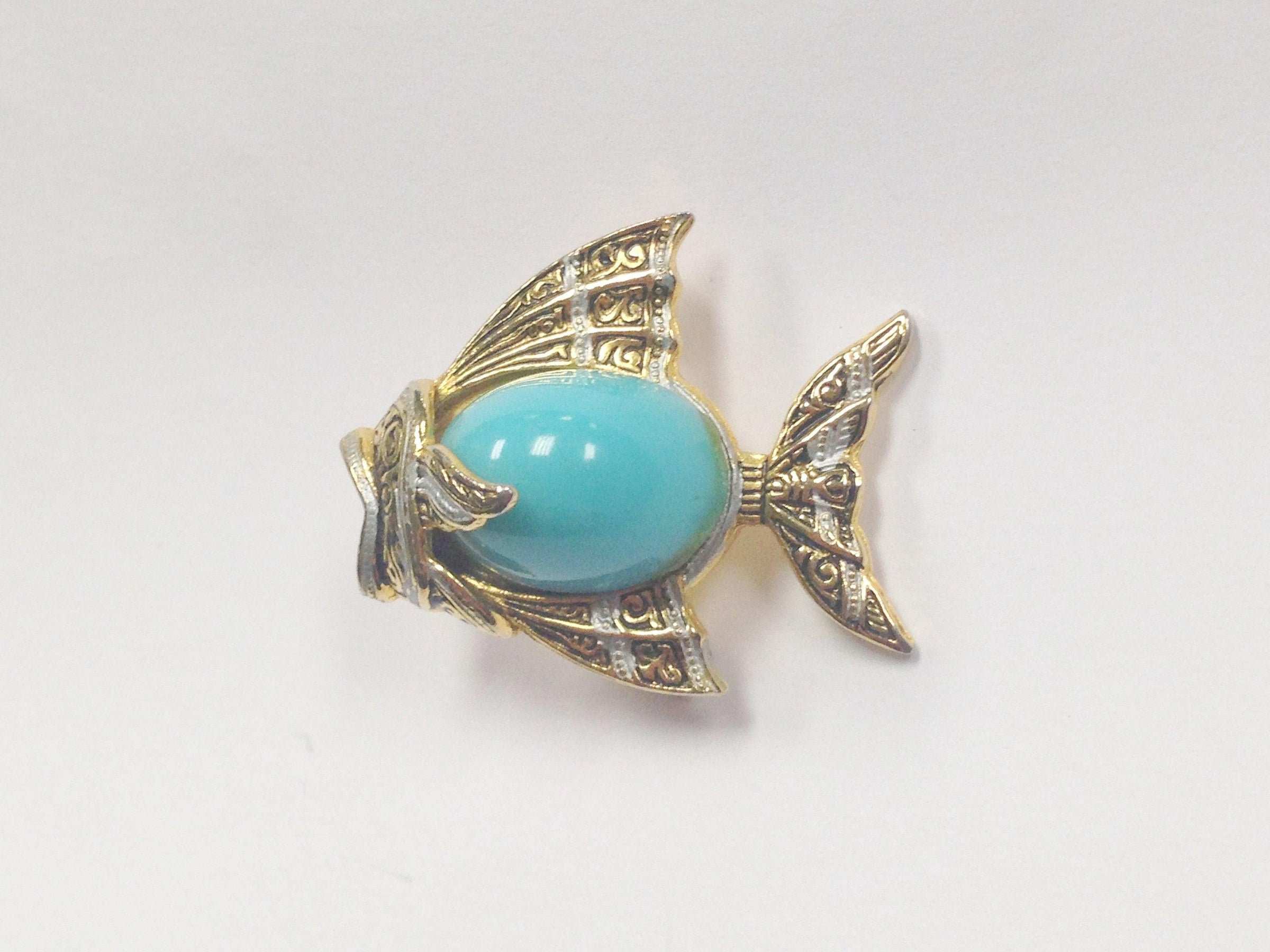 Toledoware Damascene Style Angel Fish Faux Turquoise Brooch Pin Spain - Hers and His Treasures