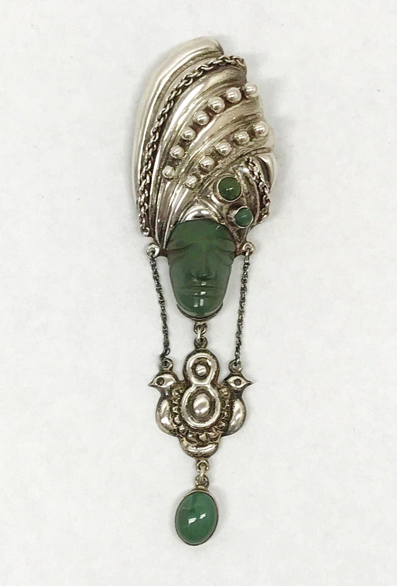 Vintage Aztec Tribal Jade Large Sterling Silver Dangling Brooch Pin J.P. Mexico - Hers and His Treasures