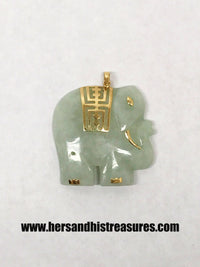 14K Gold Carved Jade Large Elephant Pendant