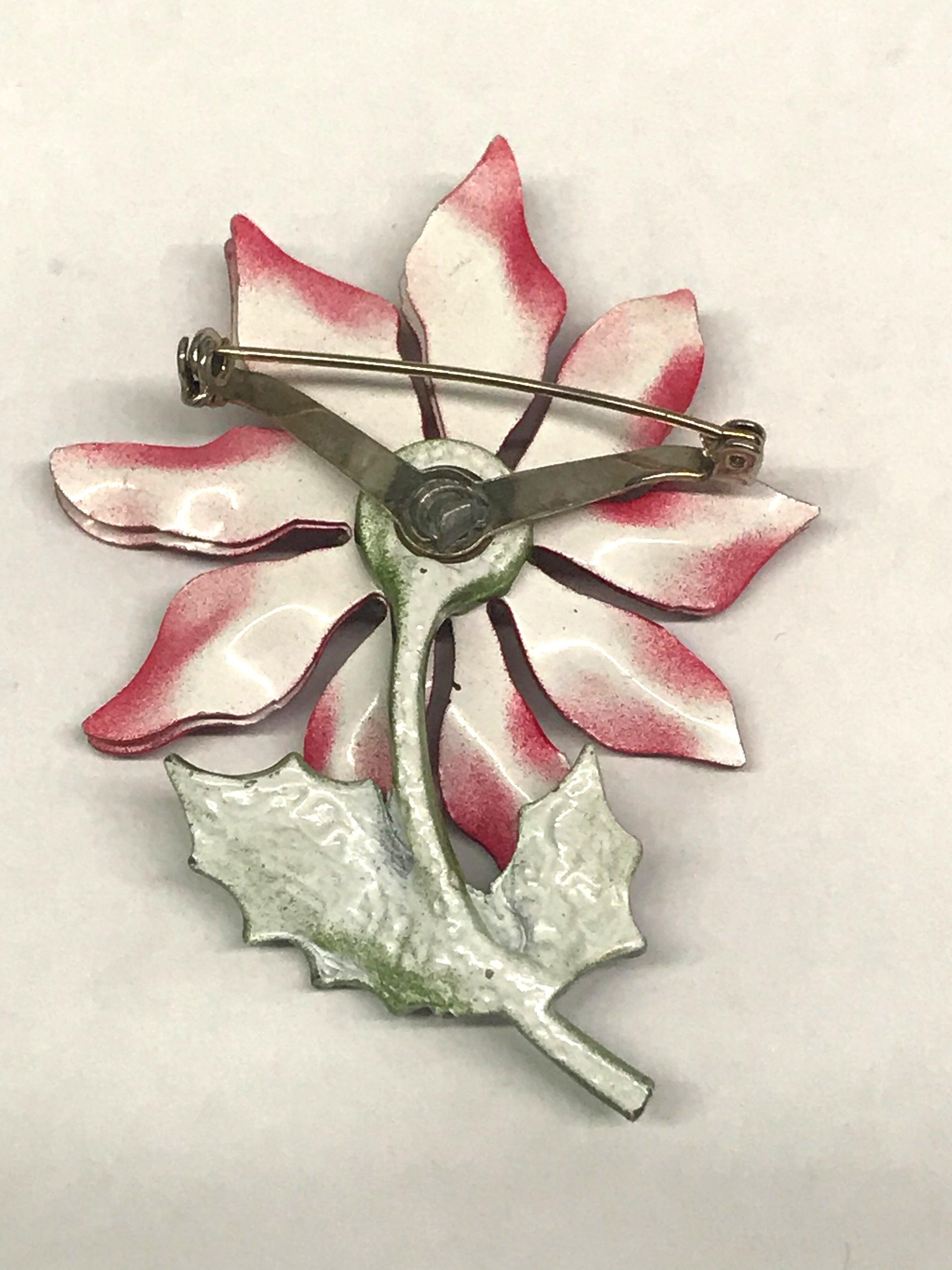 Vintage Enameled Metal Poinsettia Brooch Pin and Earrings Set - Hers and His Treasures