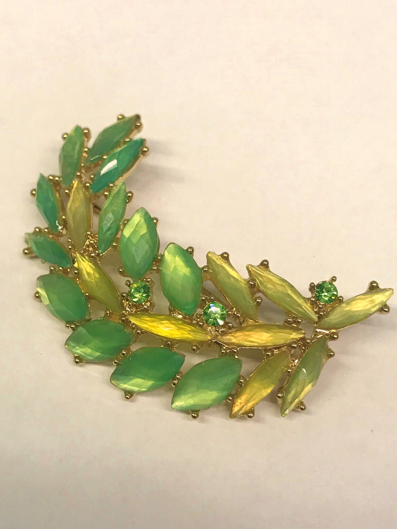 LC Liz Claiborne Green Rhinestone Leaf Brooch Pin