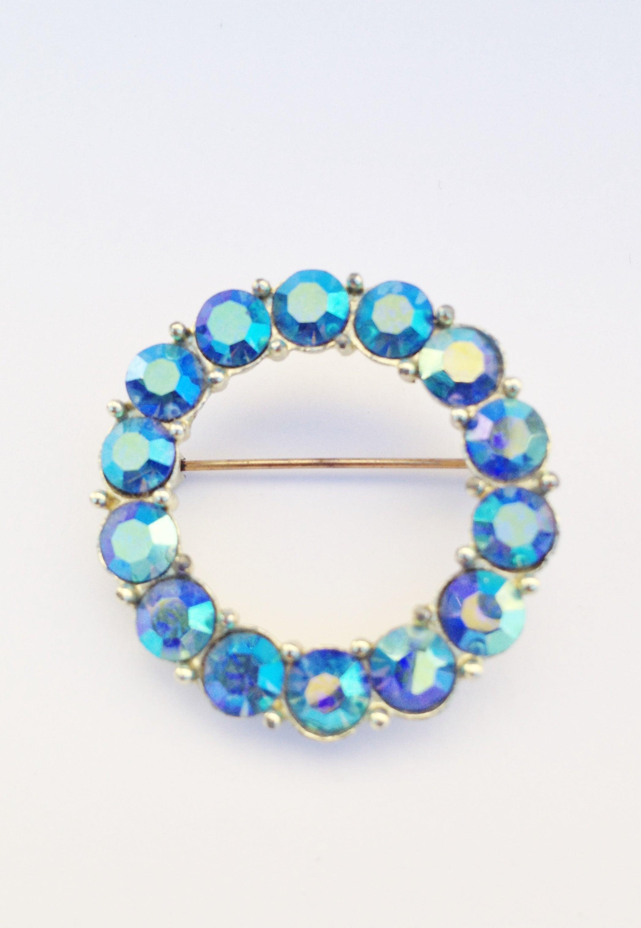 Vintage Circle Blue Aurora Borealis Brooch Pin - Hers and His Treasures