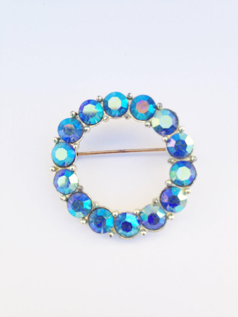 Vintage Circle Blue Aurora Borealis Brooch Pin - Hers and His Treasures