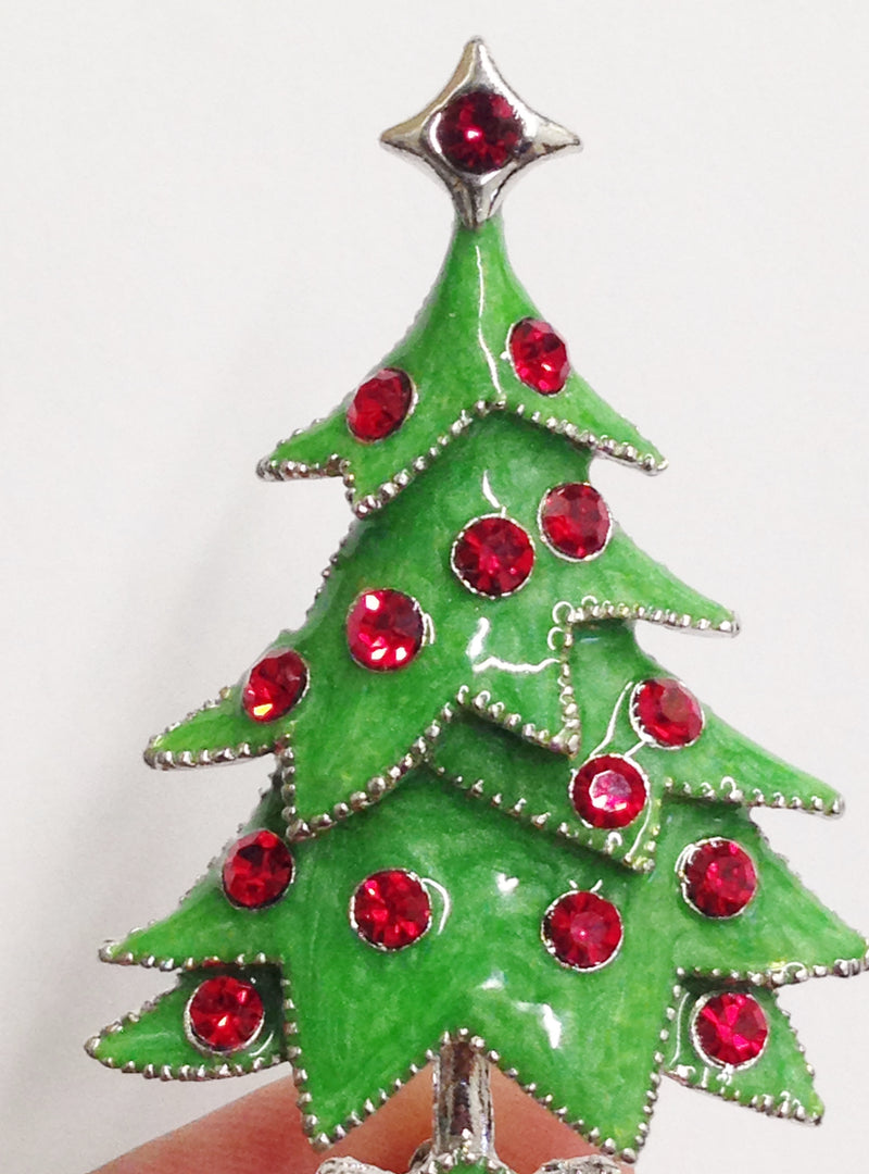 Enameled Christmas Tree Brooch Pin W/ Red Rhinestones www.hersandhistreasures.com
