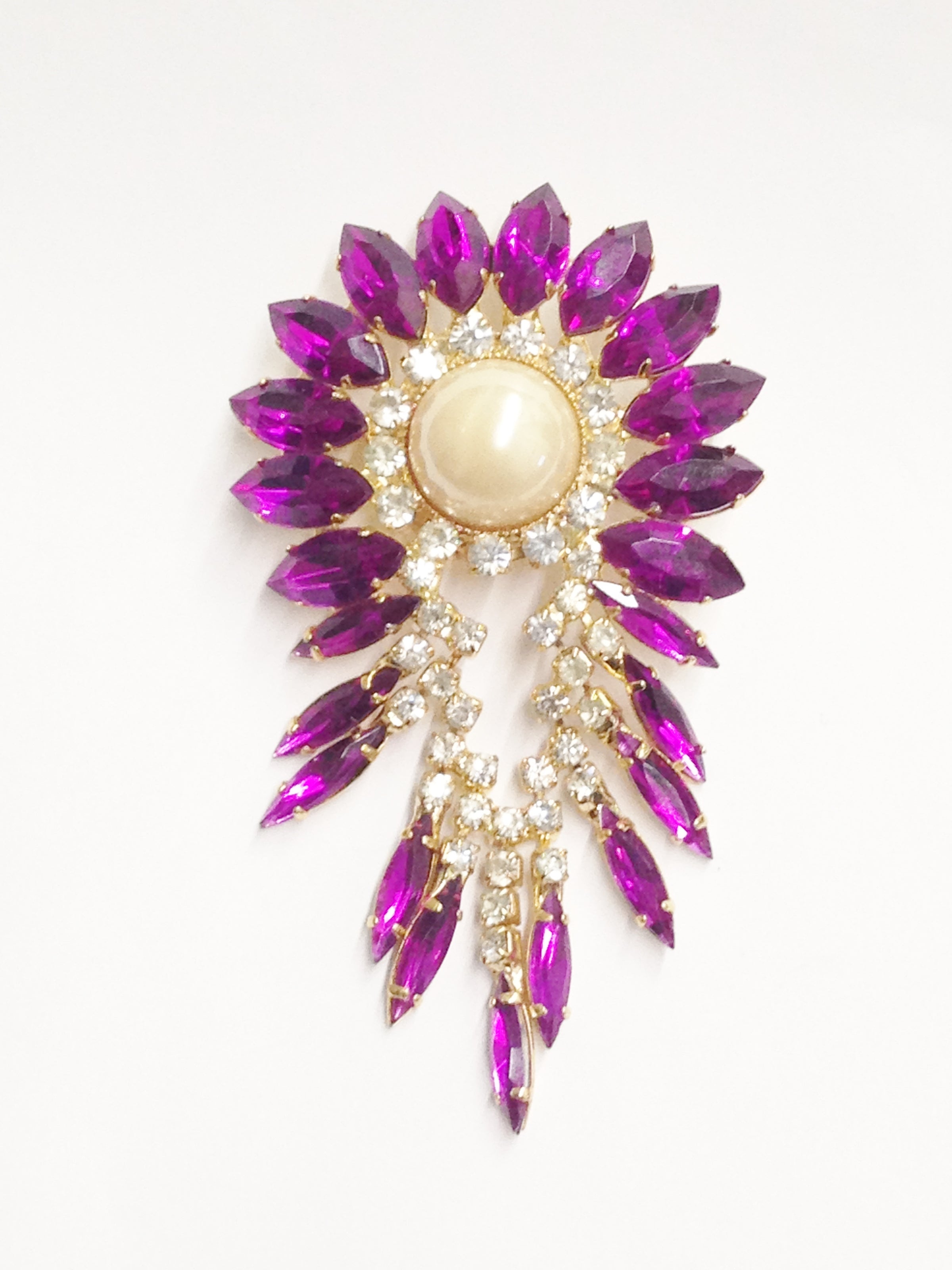 Dangling Purple Rhinestone Brooch Pin With Clear Rhinestones and Faux Pearl Center www.hersandhistreasures.com