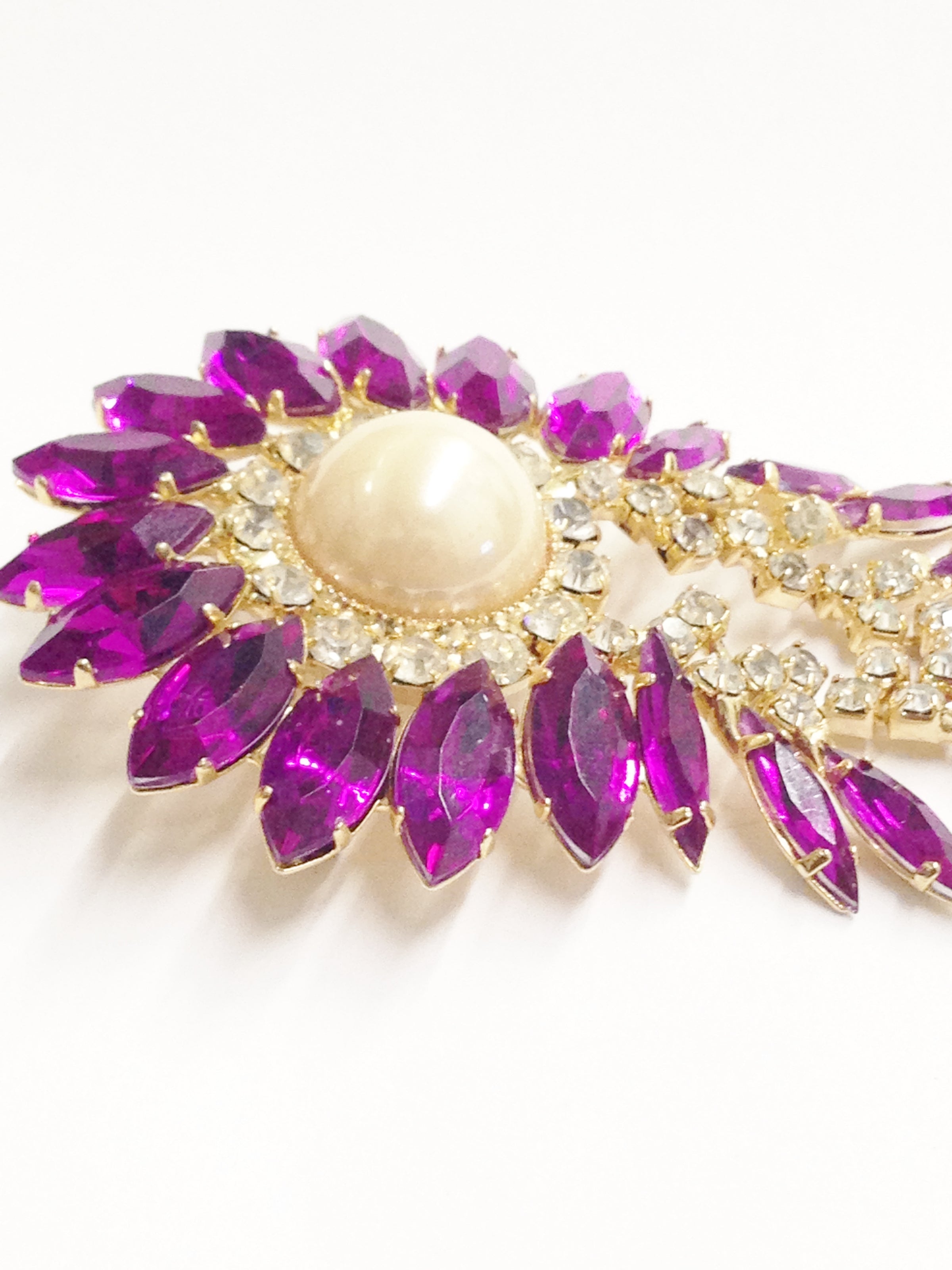 Dangling Purple Rhinestone Brooch Pin With Clear Rhinestones and Faux Pearl Center