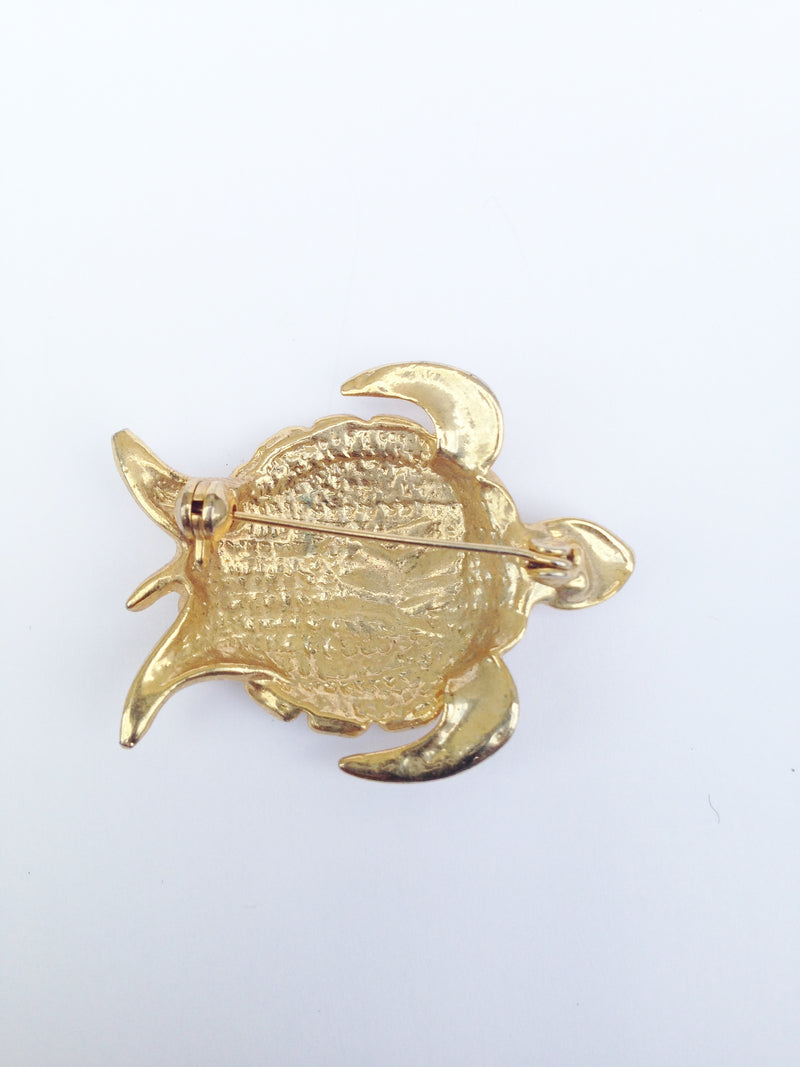 Gold Toned Multi Colored Shell Turtle Brooch Pin