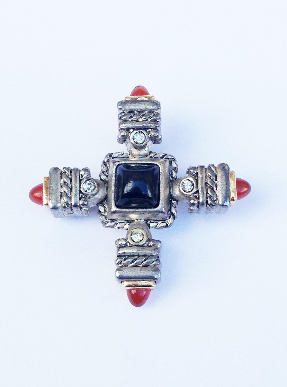 Silver Tone Lucite And Rhinestone Cross Pendant Brooch Pin - Hers and His Treasures