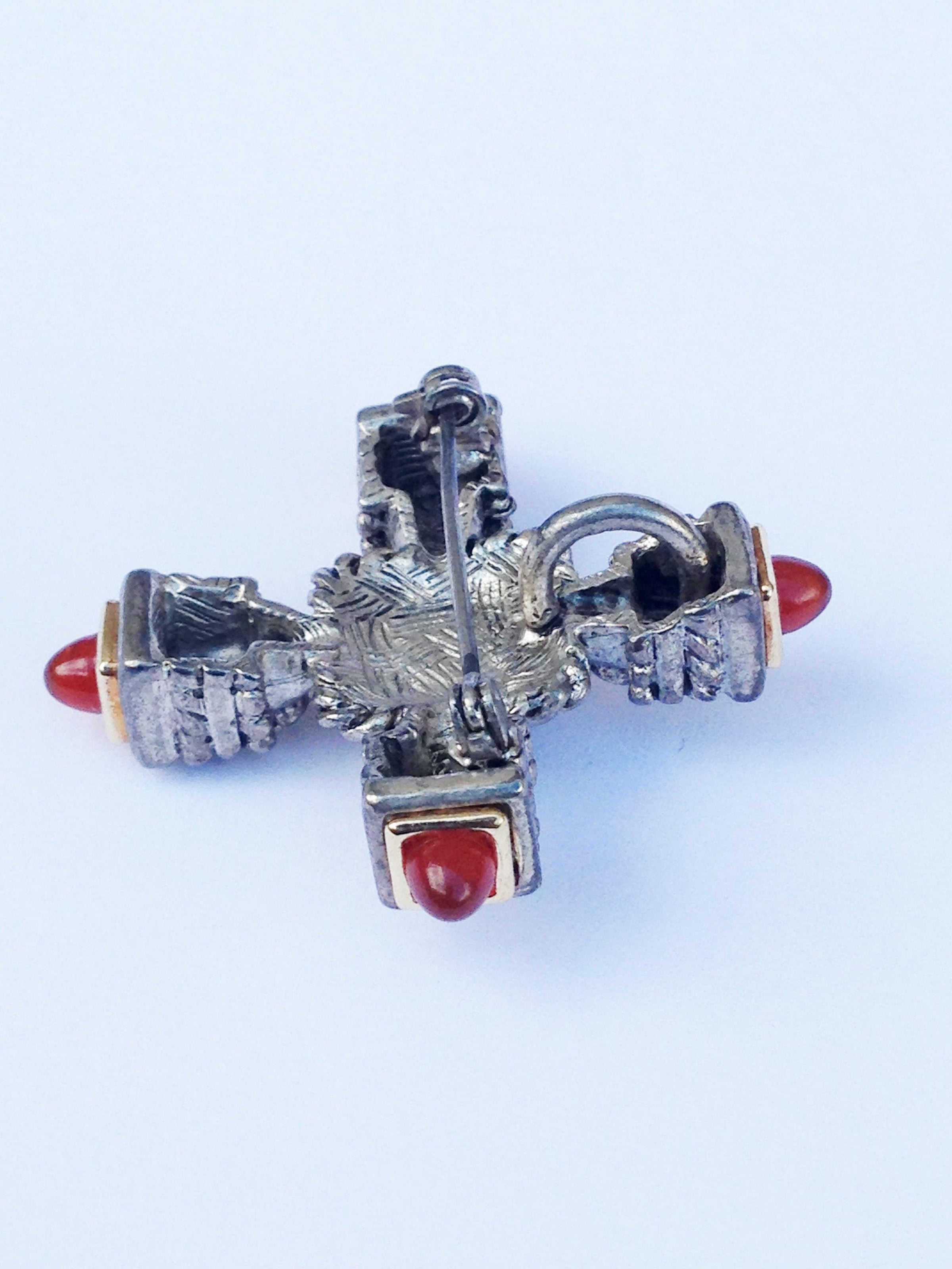Silver Tone Lucite And Rhinestone Cross Pendant Brooch Pin - Hers and His Treasures